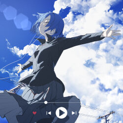 1girl absurdres black_pantyhose black_shirt blue_sky blunt_bangs bocchi_the_rock! closed_eyes cloud cloudy_sky earphones from_below grey_skirt highres medium_hair open_hands outstretched_arms pantyhose parted_lips qtian shirt sidelocks skirt sky solo spread_arms yamada_ryo