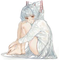 Rule 34 | 1girl, absurdres, amel 303, bare legs, barefoot, bow, closed mouth, fujiwara no mokou, grey hair, hair bow, hair intakes, highres, hugging own legs, long hair, long sleeves, looking at viewer, ponytail, pout, red eyes, shirt, simple background, sitting, solo, touhou, v-shaped eyebrows, very long hair, white background, white bow, white shirt