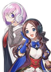 Rule 34 | :d, asamitsu (n morninglight), black-framed eyewear, black bow, black dress, blue bow, blue eyes, blue gloves, bob cut, bow, bowtie, brown hair, closed mouth, commentary request, copyright notice, dress, elbow gloves, fate/grand order, fate (series), glasses, gloves, grey sleeves, hair bow, hair over one eye, hand on headphones, hand up, headphones, hood, hood down, hooded jacket, jacket, leonardo da vinci (fate), leonardo da vinci (fate/grand order), leonardo da vinci (rider) (fate), leonardo da vinci (rider) (first ascension) (fate), long hair, looking at another, looking to the side, mash kyrielight, necktie, official art, open clothes, open jacket, open mouth, parted bangs, pink hair, puff and slash sleeves, puffy short sleeves, puffy sleeves, purple eyes, raglan sleeves, red necktie, short hair, short sleeves, simple background, sleeves past wrists, smile, sony, white background, white jacket, zipper