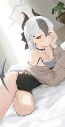 1girl absurdres bare_legs bed_sheet black_choker black_dress blue_archive blush breasts bright_pupils choker cleavage collarbone curtains demon_horns demon_wings double-parted_bangs double_strap_slip dress ear_piercing earrings grey_hair haimaotuanzi hair_between_eyes halo hand_on_own_cheek hand_on_own_face highres horns indoors jewelry kayoko_(blue_archive) kayoko_(dress)_(blue_archive) looking_at_viewer lying mole mole_on_collarbone official_alternate_costume on_side piercing plant potted_plant red_eyes single_wing small_breasts solo white_hair white_pupils wings