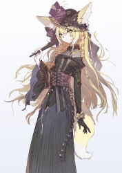 1girl absurdres animal_ears arknights black_gloves black_hat black_shirt black_skirt blonde_hair closed_mouth commentary commentary_request corset english_commentary gloves gradient_background grey_background grey_hair grey_tail hair_between_eyes hand_fan hat highres holding holding_fan light_smile long_hair long_skirt long_sleeves looking_at_viewer mixed-language_commentary multicolored_hair partial_commentary pleated_skirt sao7 shirt single_glove skirt solo standing streaked_hair tail vulpisfoglia_(arknights) yellow_eyes yellow_tail