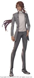 1boy arms_at_sides black_shoes black_socks brown_eyes brown_hair dark-skinned_male dark_skin earrings floating_hair full_body gleam grey_jacket grey_pants grey_shirt highres hwansang_jungdog jacket jewelry king&#039;s_raid long_hair low_ponytail male_focus official_art pants ponytail shirt shoes simple_background socks solo stud_earrings suit_jacket thumb_in_pocket turtleneck turtleneck_shirt very_long_hair white_background zafir_(king&#039;s_raid)