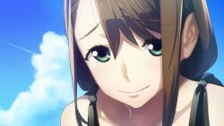 aqua_eyes bare_shoulders black_dress brown_hair close-up closed_mouth collarbone dress ears_visible_through_hair eyelashes fukuda_tomonori game_cg green_eyes hair_between_eyes hair_tie highres long_hair looking_to_the_side non-web_source official_art robotics;notes shiny_skin sidelocks smile sundress tennouji_nae tennouji_nae_(robotics;notes) twintails