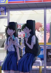 Rule 34 | 4girls, :d, absurdres, ahoge, black eyes, black hair, black sweater vest, blue skirt, blush, braid, brown hair, collared shirt, convenience store, double popsicle, dress shirt, facing away, feet out of frame, food, from behind, fujii ayame, futsuu no keion-bu, green hair, guitar case, hair ornament, hairpin, half-closed eyes, hatono chihiro, heartbreak (futsuu no keion-bu), highres, holding, holding food, holding ice cream, hood, hoodie, ice cream, indoors, instrument case, instrument case on back, kouyama rin, long hair, looking at another, medium hair, multiple girls, neck ribbon, night, open mouth, outdoors, parted bangs, pink hoodie, pixie cut, pleated skirt, popsicle, poster (object), purple hair, red ribbon, ribbon, rra (yj), school uniform, shirt, shirt tucked in, shop, short hair, short sleeves, sitting, skirt, smile, summer uniform, sweater vest, tongue, tongue out, twin braids, twintails, uchida momo, whipped cream, white shirt, window, wing collar
