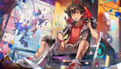 1boy absurdres arknights baseball_bat black_jacket candy chinese_commentary commentary_request demon_horns dongju_azuma food grey_shorts highres hood hood_up hooded_shirt horns jacket looking_at_viewer male_focus material_growth odda_(arknights) odda_(candy_strike)_(arknights) oripathy_lesion_(arknights) pinata pointy_ears red_shirt shirt shorts sitting watermark weibo_watermark