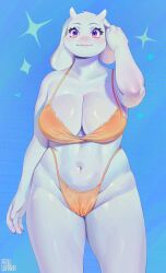 1girl absurdres animal_ears bikini breasts cleavage furry furry_female goat_ears goat_girl highres inuki_(aruurara) large_breasts orange_bikini simple_background smile solo standing swimsuit toriel undertale white_fur