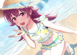 1girl :d absurdres beach bikini blue_sandals blush breasts brown_hat collarbone commentary_request dutch_angle flip-flops frilled_bikini frills hat highres holding idolmaster idolmaster_shiny_colors knees_out_of_frame komiya_kaho kurageso midriff navel open_mouth outdoors pebble red_eyes red_hair sandals small_breasts smile solo straw_hat sun_hat swimsuit teeth upper_teeth_only white_bikini
