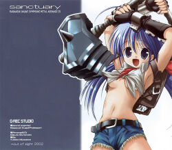 1girl 2000s_(style) 2002 :d album_cover armpits arms_up bandana black_gloves blacksmith_(ragnarok_online) blue_eyes blue_hair blue_shorts breasts cover cowboy_shot crop_top fang fingerless_gloves gloves grey_background hammer holding holding_hammer long_hair looking_at_viewer low_twintails medium_breasts midriff mima_chi no_bra open_mouth ragnarok_online red_bandana scan shirt short_shorts shorts sleeveless sleeveless_shirt smile solo tied_shirt twintails underboob white_shirt