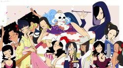 6+girls ^_^ alvida_(one_piece) baby_5 bikini black_hair blue_hair blunt_bangs blush blush_stickers boa_hancock bob_cut cesel closed_eyes commentary cowboy_hat dress earrings english_commentary flower flower_in_mouth glasses gloves hair_over_one_eye hair_slicked_back hat highres holding holding_smoking_pipe holding_sword holding_weapon hood japanese_clothes jewelry kikunojo_(one_piece) kimono kiwi_(one_piece) long_hair madame_shirley mermaid monster_girl mos_(one_piece) multiple_girls necklace nico_robin nico_robin_(alabasta) obi one_eye_closed one_piece pearl_necklace ponytail purple_dress red_flower red_rose rose salome_(one_piece) sash shakuyaku_(one_piece) short_hair siblings sisters skull smoke smoking_pipe snake snake_earrings swept_bangs swimsuit sword tashigi tongue tongue_out tsuru_(one_piece) twitter_username upper_body viola_(one_piece) weapon wide_sleeves yellow_eyes yellow_kimono