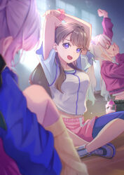 3girls anyoji_hime anyoji_hime_(summer_training_wear) bike_shorts bike_shorts_under_shorts black_pants blonde_hair blue_shorts breasts brown_hair closed_eyes commentary_request dappled_sunlight flower fujishima_megumi fujishima_megumi_(summer_training_wear) green_shoes hair_flower hair_intakes hair_ornament hand_up highres hood hoodie indian_style jacket leg_warmers link!_like!_love_live! long_sleeves looking_at_another love_live! macken666 midriff mira-cra_park! multiple_girls navel open_mouth osawa_rurino osawa_rurino_(summer_training_wear) pants pink_hair pink_jacket pink_shorts purple_eyes purple_hoodie shirt shoes shorts sitting solo_focus sunlight twintails virtual_youtuber white_shirt yawning yellow_leg_warmers