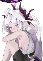 1girl absurdres ahoge black_skirt blue_archive breasts commentary_request demon_girl demon_horns demon_wings evening_rabbit forehead halo head_tilt highres hina_(blue_archive) horns hugging_own_legs knee_to_chest long_hair looking_at_viewer parted_bangs pencil_skirt purple_eyes shirt sideboob sidelocks simple_background sitting skirt sleeveless sleeveless_shirt small_breasts solo wavy_hair white_background white_hair white_shirt wings
