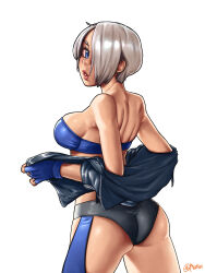 1girl angel angel_(kof) ass blue_eyes breasts female_focus hair_over_one_eye highres jacket large_breasts leather looking_at_viewer looking_back mootium one_eye_covered open_clothes pale_skin panties shiny_clothes short_hair standing the_king_of_fighters thick_lips thighs underwear undressing white_hair