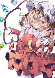 Rule 34 | 1girl, alternate breast size, ascot, blonde hair, blush, breasts, crystal, crystal wings, double v, fant, flandre scarlet, frilled shirt collar, frills, hair between eyes, hat, hat ribbon, highres, large breasts, looking at viewer, mob cap, puffy sleeves, red eyes, red skirt, red vest, ribbon, shirt, short hair, short sleeves, side ponytail, simple background, skirt, smile, solo, touhou, v, vest, white background, wings, wrist cuffs, yellow ascot