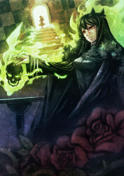 Rule 34 | 2girls, a-er (akkij0358), arm up, black cloak, black crown, black dress, black hair, blonde hair, blurry, blurry foreground, breasts, character request, checkered background, cloak, commentary request, copyright request, crown, doorway, dress, evil smile, fire, floating skull, flower, from behind, fur-trimmed cloak, fur trim, green fire, highres, leaf, long hair, looking to the side, medium breasts, multiple girls, orange eyes, original, parted lips, red flower, red rose, rose, skeleton, skull, smile, stairs, thorns