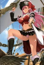 10s 1girl absurdres boots bow breasts bustier captain_liliana cleavage cloud day female_focus foreshortening hat highres hobby_japan jolly_roger knee_boots large_breasts leg_up legs lingerie long_hair midriff miniskirt navel oda_non panties pantyshot pink_eyes pink_hair pink_panties pirate pirate_hat pleated_skirt queen&#039;s_blade queen&#039;s_blade_lost_worlds queen&#039;s_blade_rebellion ribbon scan ship skirt skull_and_crossed_swords sky smile solo sword thighs underwear upskirt very_long_hair watercraft weapon