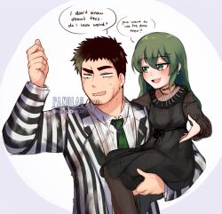 1boy 1girl artist_name beard beetlejuice beetlejuice_(character) beetlejuice_(character)_(cosplay) beetlejuice_(musical) black_choker black_dress black_hair black_pantyhose blush breasts carrying carrying_person child_carry choker circle clenched_hand commentary constricted_pupils cosplay dirty dirty_clothes dirty_face dress dress_shirt english_commentary english_text facial_hair fang feet_out_of_frame formal_clothes green_eyes green_hair green_necktie grey_background hair_between_eyes hair_ornament hairclip height_difference igarashi_futaba instagram_logo instagram_username jacket long_hair long_sleeves looking_at_another looking_at_self looking_down lydia_deetz lydia_deetz_(cosplay) multicolored_hair necktie panqlao pantyhose senpai_ga_uzai_kouhai_no_hanashi shirt small_breasts speech_bubble spiked_hair streaked_hair suit suit_jacket sweatdrop takeda_harumi thick_eyebrows twitter_logo twitter_username upper_body watermark white_background white_shirt