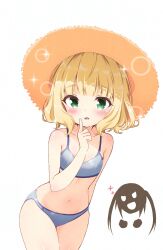adversarial_noise bare_shoulders bikini blonde_hair blue_bikini blush breasts finger_to_mouth gochuumon_wa_usagi_desu_ka? green_eyes highres hitorilily kirima_syaro large_hat leaning_forward looking_at_viewer midriff narrow_waist open_mouth short_hair simple_background small_breasts sparkle swimsuit tedeza_rize thighs white_background
