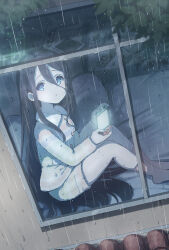 1girl absurdly_long_hair absurdres aris_(blue_archive) black_hair blue_archive blue_eyes controller game_controller handheld_game_console highres holding holding_handheld_game_console long_hair nintendo_switch pajamas parted_lips ranguage sarfata sitting solo tablet_pc very_long_hair white_pajamas window
