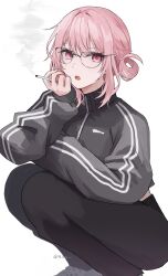 1girl 961_kuru cigarette commentary_request glasses hair_between_eyes highres holding holding_cigarette indie_utaite jacket looking_at_viewer nqrse pantyhose pink_hair red_eyes short_hair simple_background sitting