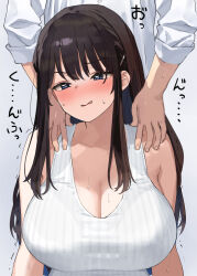 1boy 1girl black_hair blue_eyes blush breasts cleavage grey_background hair_ornament hairclip kaisen_chuui large_breasts long_hair original simple_background sleeveless sleeveless_sweater solo_focus sweater teacher white_sweater