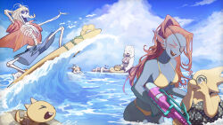 &gt;_&lt; 2others 3boys 3girls absurdres alphys asgore_dreemurr beach bikini black_hair black_one-piece_swimsuit blonde_hair blue_skin breasts child closed_eyes cloud colored_skin day eyepatch fins flowey_(undertale) forut_dondon frisk_(undertale) glasses goat_boy goat_girl head_fins highres innertube long_hair looking_at_another medium_breasts monster monster_girl monster_kid_(undertale) multiple_boys multiple_girls multiple_others one-piece_swimsuit one_eye_covered open_mouth outdoors papyrus_(undertale) ponytail red_hair reptile_girl sans_(undertale) sharp_teeth short_hair skeleton sky smile sunglasses surfboard surfing swim_ring swimsuit teeth toriel undertale water yellow_bikini yellow_skin