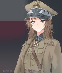 1girl absurdres artist_name belt blue_eyes breast_pocket brown_belt brown_coat brown_hair brown_hat brown_jacket closed_mouth coat commentary flag_background frown hat highres jacket leochan1202 long_hair looking_at_viewer medal military military_rank_insignia military_uniform original peaked_cap pocket polish_army polish_flag upper_body world_war_ii