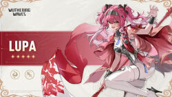 1girl bare_shoulders black_hairband boots breasts character_name commentary english_commentary gradient_hair hair_between_eyes hairband hand_up high_heel_boots high_heels highres holding holding_polearm holding_weapon large_breasts logo long_hair looking_at_viewer lupa_(wuthering_waves) multicolored_hair official_art pink_hair polearm smile solo tacet_mark_(wuthering_waves) thigh_boots thighs weapon white_boots white_hair wrist_guards wuthering_waves yellow_eyes