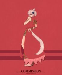 1girl animal_ears artist_name bare_legs blending blue_eyes blue_flower cat_ears cat_girl cat_tail commission copyright_request dress english_text flower grey_shoes hair_flower hair_ornament hand_up highres medium_hair red_dress red_nails shoes side_slit sleeveless sleeveless_dress solo syooooyoooo tail white_hair