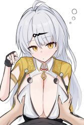 1boy 1girl absurdres acht_ao black_gloves breasts cleavage fingerless_gloves gloves grabbing_another&#039;s_breast groping hetero highres large_breasts paizuri paizuri_under_clothes parted_lips penis pov simple_background white_background white_hair yellow_eyes yi_xuan_(zenless_zone_zero) zenless_zone_zero