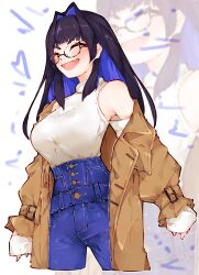 Rule 34 | 1girl, absurdres, black-framed eyewear, black hair, blue hair, blue pants, blunt bangs, breasts, brown coat, closed mouth, coat, colored inner hair, denim, glasses, hair intakes, high-waist pants, highres, hololive, hololive english, jeans, large breasts, long hair, long sleeves, looking at viewer, ma draws, multicolored hair, official alternate costume, official alternate hair length, official alternate hairstyle, ouro kronii, ouro kronii (casual), pants, shirt, solo, sweater, sweater tucked in, trench coat, turtleneck, virtual youtuber, white shirt, white sweater