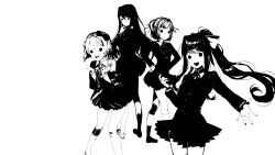 1girl ahoge arm_under_breasts blazer bow breasts clenched_hands collared_shirt commentary creepy_eyes curled_fingers doki_doki_literature_club double-parted_bangs dress_shirt empty_eyes english_commentary excited eyebrows_hidden_by_hair floating_hair from_side game_cg greyscale grin hair_bow hair_intakes hair_ornament hair_ribbon hand_on_own_chin hands_on_own_hips high_contrast high_ponytail highres holding holding_pen hollow_eyes horror_(theme) jacket kneehighs knees_together_feet_apart large_bow leaning_forward legs_together long_hair long_sidelocks long_sleeves looking_at_viewer looking_to_the_side mary_janes medium_breasts miniskirt monika_(doki_doki_literature_club) monochrome nail_polish natsuki_(doki_doki_literature_club) neck_ribbon no_mouth no_nose non-web_source official_art open_clothes open_hand open_jacket open_mouth outstretched_arms overexposure parted_bangs parted_hair pen pleated_skirt ponytail raised_eyebrows ribbon satchely sayori_(doki_doki_literature_club) shirt shoes short_hair sidelocks simple_background skirt small_breasts smile socks spoilers sweater_vest swept_bangs teeth thighs two_side_up upper_teeth_only very_long_hair walking wavy_hair white_background wing_collar x_hair_ornament yuri_(doki_doki_literature_club)