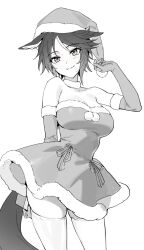Rule 34 | 1girl, animal ears, bare shoulders, blush, box, breasts, christmas, cleavage, dress, elbow gloves, fuji kiseki (umamusume), fur-trimmed dress, fur-trimmed gloves, fur-trimmed headwear, fur trim, gift, gift box, gloves, greyscale, hat, highres, holding, holding gift, horse ears, horse girl, horse tail, large breasts, looking at viewer, monochrome, pom pom (clothes), ribbon, santa costume, santa dress, santa hat, short dress, short hair, simple background, smile, solo, tail, thighhighs, umamusume, white background, zn242878163