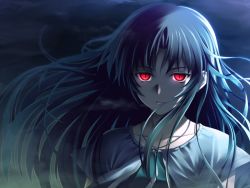 1girl amami_mikihiro blue_hair female_focus game_cg glowing glowing_eyes kashiwagi_chizuru kizuato long_hair red_eyes solo
