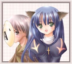 1boy 1girl 2000s_(style) ayase_mai_(jelly^2_fish) bard_(ragnarok_online) black_dress blue_hair blush border brown_cape cape commentary_request cross cross_necklace dress green_eyes grey_background grey_border grey_eyes grey_hair jewelry juliet_sleeves long_hair long_sleeves looking_at_viewer lowres mask masked necklace open_mouth priest_(ragnarok_online) puffy_sleeves ragnarok_online short_hair smile upper_body