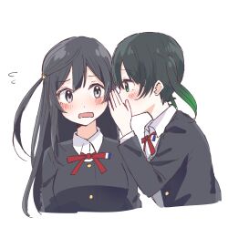2girls black_hair black_jacket blush collared_shirt commentary_request cropped_torso embarrassed flying_sweatdrops gradient_hair green_eyes green_hair grey_eyes hair_ornament jacket long_hair love_live! love_live!_nijigasaki_high_school_idol_club multicolored_hair multiple_girls neck_ribbon nijigasaki_school_uniform one_side_up open_mouth ribbon school_uniform shirt sidelocks simple_background takasaki_yu watanabe_nako whispering whispering_in_ear white_background yuki_setsuna