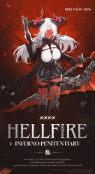 belt black_gloves black_horns boots breasts broken_horns colored_skin demon_girl demon_horns demon_tail duet_night_abyss gloves gun hellfire_(duet_night_abyss) highres holding holding_gun holding_sword holding_weapon horns huge_weapon large_breasts long_hair looking_at_viewer multicolored_horns official_art red_horns red_skin shoulder_pads sword tail thigh_strap weapon white_hair yellow_eyes yonesdraws