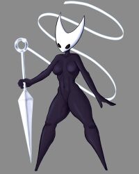 1girl absurdres arthropod_girl black_eyes black_skin breasts colored_skin full_body highres holding holding_weapon hollow_knight horned_mask hornet_(hollow_knight) mask navel nude nukeila6 solo standing thread weapon