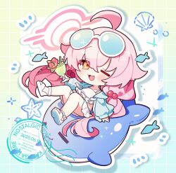 1girl :3 ahoge bikini blue-tinted_eyewear blue_archive chibi cocktail_glass commentary_request cup drinking_glass eyewear_on_head fang halo holding holding_cup hoshino_(blue_archive) hoshino_(swimsuit)_(blue_archive) inflatable_toy inflatable_whale kasuga_haruhi long_hair low_twintails official_alternate_costume one_eye_closed outline pink_hair pink_halo sandals solo sunglasses swimsuit tinted_eyewear twintails very_long_hair watermark white-framed_eyewear white_bikini white_outline white_sandals yellow_eyes