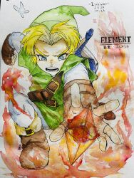 1boy 2024 blonde_hair blue_eyes boots dated din&#039;s_fire facing_viewer fairy fingerless_gloves fire gauntlets gloves hat highres link nana_mochi777 navi nintendo open_mouth painting_(medium) squatting the_legend_of_zelda the_legend_of_zelda:_ocarina_of_time traditional_media tunic watercolor_(medium)
