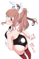 Rule 34 | 1girl, animal ears, ass, black leotard, bow, bowtie, breasts, brown hair, detached collar, fake animal ears, fake tail, grey eyes, high side ponytail, highleg, highleg leotard, highres, kantai collection, large breasts, leotard, long hair, looking back, playboy bunny, ponytail, rabbit ears, rabbit tail, saratoga (kancolle), shishanmo, side ponytail, sidelocks, simple background, solo, strapless, strapless leotard, tail, traditional bowtie, white background, wrist cuffs