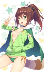 Rule 34 | 10s, 1girl, :d, absurdres, areola slip, arm up, bikini, bikini bottom only, blush, breasts, brown hair, cape, choker, collarbone, commentary request, fingernails, fur trim, gluteal fold, green bikini, green eyes, hair ornament, hand in pocket, highres, jacket, kono subarashii sekai ni shukufuku wo!, lean (konosuba), no bra, official art, open clothes, open jacket, open mouth, ponytail, raccoon tail, shiny skin, side-tie bikini bottom, simple background, small breasts, smile, solo, standing, swimsuit, tail, v, white background, yuuki hagure, zipper, zipper pull tab
