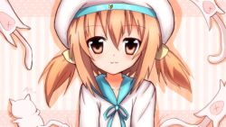 Rule 34 | 050411285aura, 10s, 1girl, animal, bad id, bad pixiv id, beret, cat, error musume, female focus, girl holding a cat (kancolle), hair bobbles, hair ornament, hat, kantai collection, looking at viewer, navel, neckerchief, personification, pointy ears, sailor collar, shirt, shoshinsha mark, sidelocks, solo, twintails, upper body, white shirt