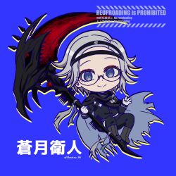 1boy aotsuki_eito belt black_jacket black_pants blue_background blue_eyes boots cape character_name chibi drop_shadow eyeliner full_body gloves grey_boots grey_hair highres holding holding_scythe jacket last_defense_academy_school_uniform looking_at_viewer makeup male_focus nanohana_(33matsu_96) pants red_eyeliner school_uniform scythe simple_background smile solo the_hundred_line_-last_defense_academy- torn_cape torn_clothes twitter_username white_belt white_gloves