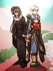 2boys bags_under_eyes black-framed_eyewear black_boots black_hair black_kimono black_pants black_shirt blue_pants boots brown_boots commentary_request glasses hair_between_eyes highres hijiri_myouren holding_hands japanese_clothes kimono long_sleeves looking_at_viewer male_focus morichika_rinnosuke multiple_boys open_mouth orange_bag pants scarf shippuu_jinnari shirt short_hair standing touhou white_hair white_scarf yaoi yellow_eyes
