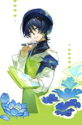 Rule 34 | 1boy, alternate costume, apron, beret, black hair, black shirt, black undershirt, blue hat, blunt ends, collared shirt, commentary request, eyeliner, eyeshadow, flower, genshin impact, green apron, hands up, hat, highres, holding, holding paper, holding pen, long sleeves, lotus, makeup, male focus, nnikko, official alternate costume, open mouth, paper, pen, purple eyes, red eyeliner, red eyeshadow, scaramouche (genshin impact), shirt, sketch, smile, solo, tsurime, turtleneck, turtleneck shirt, upper body, wanderer (genshin impact), wanderer (wanderer impression) (genshin impact), white background, white mouth, white shirt, white sleeves, wing collar