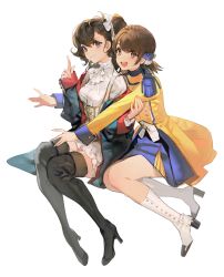 2girls :d absurdres ascot black_footwear blue_coat blue_ribbon boots bow breasts brown_eyes chinese_commentary closed_mouth coat commentary_request corset dress epaulettes eugene_caron full_body hair_bow hair_ribbon high_heel_boots high_heels highres index_finger_raised invisible_chair knee_boots long_hair long_sleeves looking_at_viewer multiple_girls off_shoulder open_clothes open_coat open_mouth pauline_bonaparte ponytail quuni ribbon round_teeth banner_of_the_maid short_hair simple_background sitting sleeves_past_wrists small_breasts smile teeth thigh_boots thighhighs upper_teeth_only white_ascot white_background white_bow white_dress white_footwear yellow_coat zettai_ryouiki