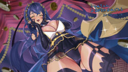 Rule 34 | 1girl, belt, black gloves, black leotard, black thighhighs, blue hair, blush, breasts, brown horns, cleavage, coin, commentary request, cowboy shot, crossed bangs, curtains, dark-skinned female, dark skin, dated, demon girl, demon horns, demon tail, elbow gloves, fishnet thighhighs, fishnets, from below, glint, gloves, hands on own cheeks, hands on own face, highleg, highleg leotard, highres, horns, large breasts, latex, latex gloves, leotard, leotard under clothes, long hair, looking at viewer, nanashi inc., open mouth, pointy ears, ryokuoushoku hitode, see-through clothes, see-through skirt, shimamura charlotte, skirt, smile, solo, tail, thighhighs, translation request, virtual youtuber, yellow belt, yellow eyes