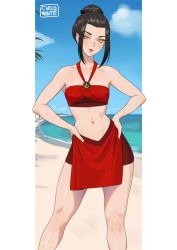 1girl artist_name avatar:_the_last_airbender avatar_legends azula beach bikini black_hair blush breasts carlo_montie cloud collarbone commentary day english_commentary eyelashes feet_out_of_frame female_focus forehead halterneck hands_on_own_hips legs lipstick looking_at_viewer makeup medium_breasts medium_hair navel ocean outdoors palm_tree parted_lips pink_lips red_bikini shadow sidelocks solo standing stomach swimsuit thighs topknot tree yellow_eyes