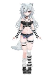 1girl animal_ear_fluff animal_ear_piercing animal_ears black_choker black_eyes black_hair black_shirt black_shoes blue_hair blue_shorts breasts choker closed_mouth dog_ears dog_tail facial_mark frilled_thigh_strap full_body grey_hair hair_ornament hair_over_one_eye hairclip heart heart_facial_mark highres leg_warmers long_hair midriff mole mole_on_stomach multicolored_hair navel official_art pink_arm_warmers promisu shirt shoes short_shorts shorts simple_background skindentation smile solo standing streaked_hair striped_leg_warmers suzumaru_azu tachi-e tail thigh_strap torn_clothes torn_shirt transparent_background virtual_youtuber white_leg_warmers x_hair_ornament zutsuyaku