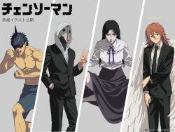 angel_devil_(chainsaw_man) angel_wings black_hair chainsaw_man clenched_hands collared_shirt formal_clothes gas_mask halo hand_in_pocket hood hoodie long_hair long_skirt mask muscular muscular_male neck_ribbon non-web_source official_art princi_(chainsaw_man) ribbon shark_devil_(chainsaw_man) shark_fin sharp_teeth shirt shorts skirt suit teeth v violence_fiend_(chainsaw_man) white_hoodie wings
